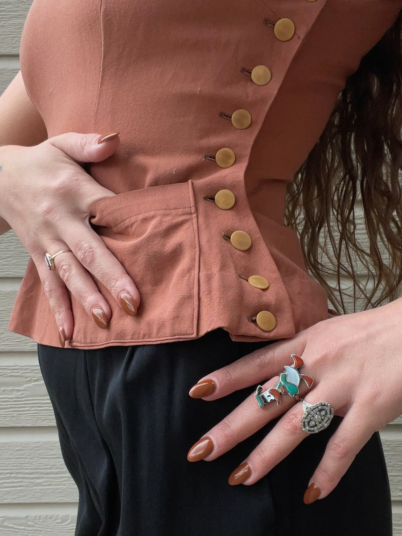 1940s Terracotta Gabardine Side Button Vest Blouse W* Pockets