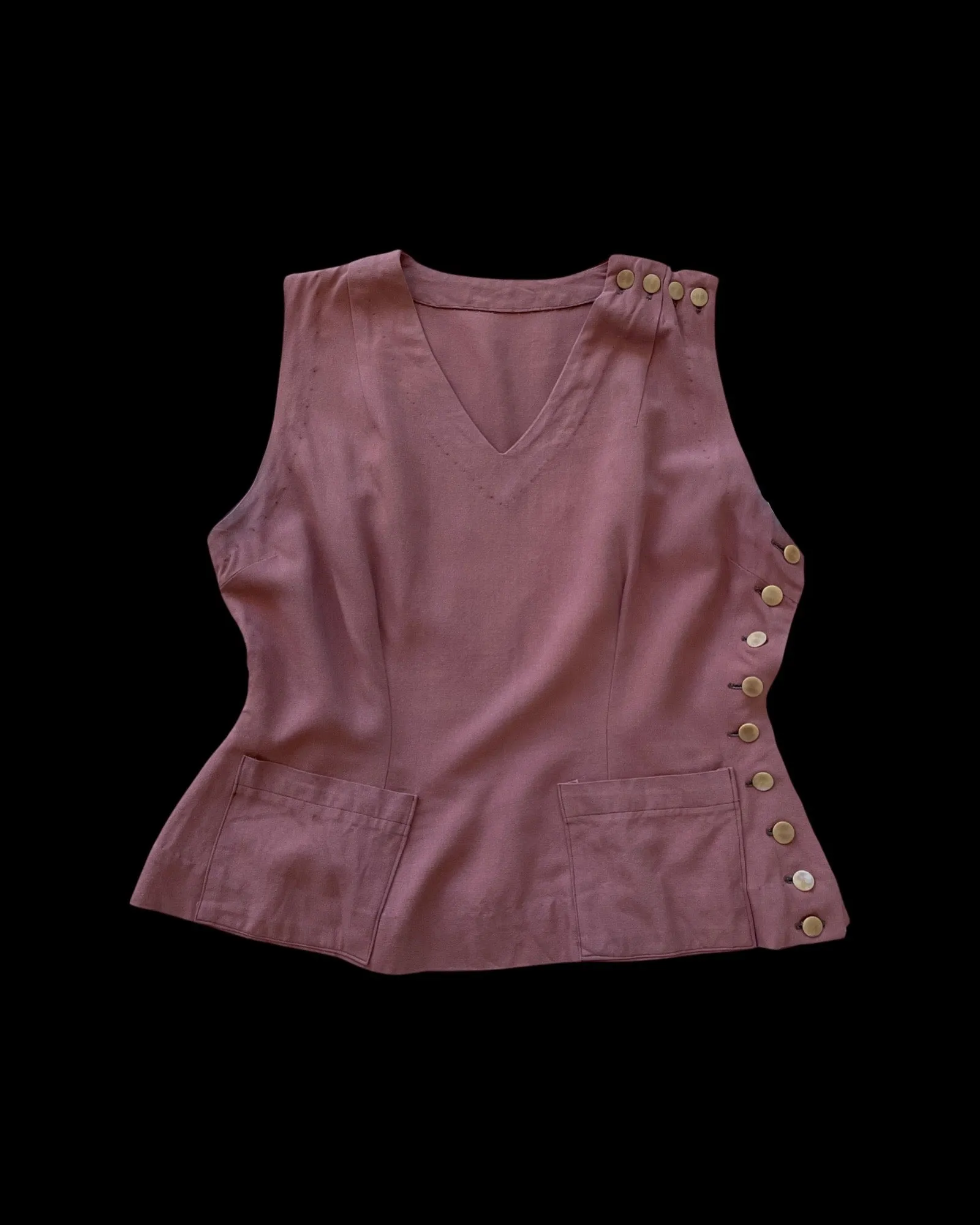 1940s Terracotta Gabardine Side Button Vest Blouse W* Pockets