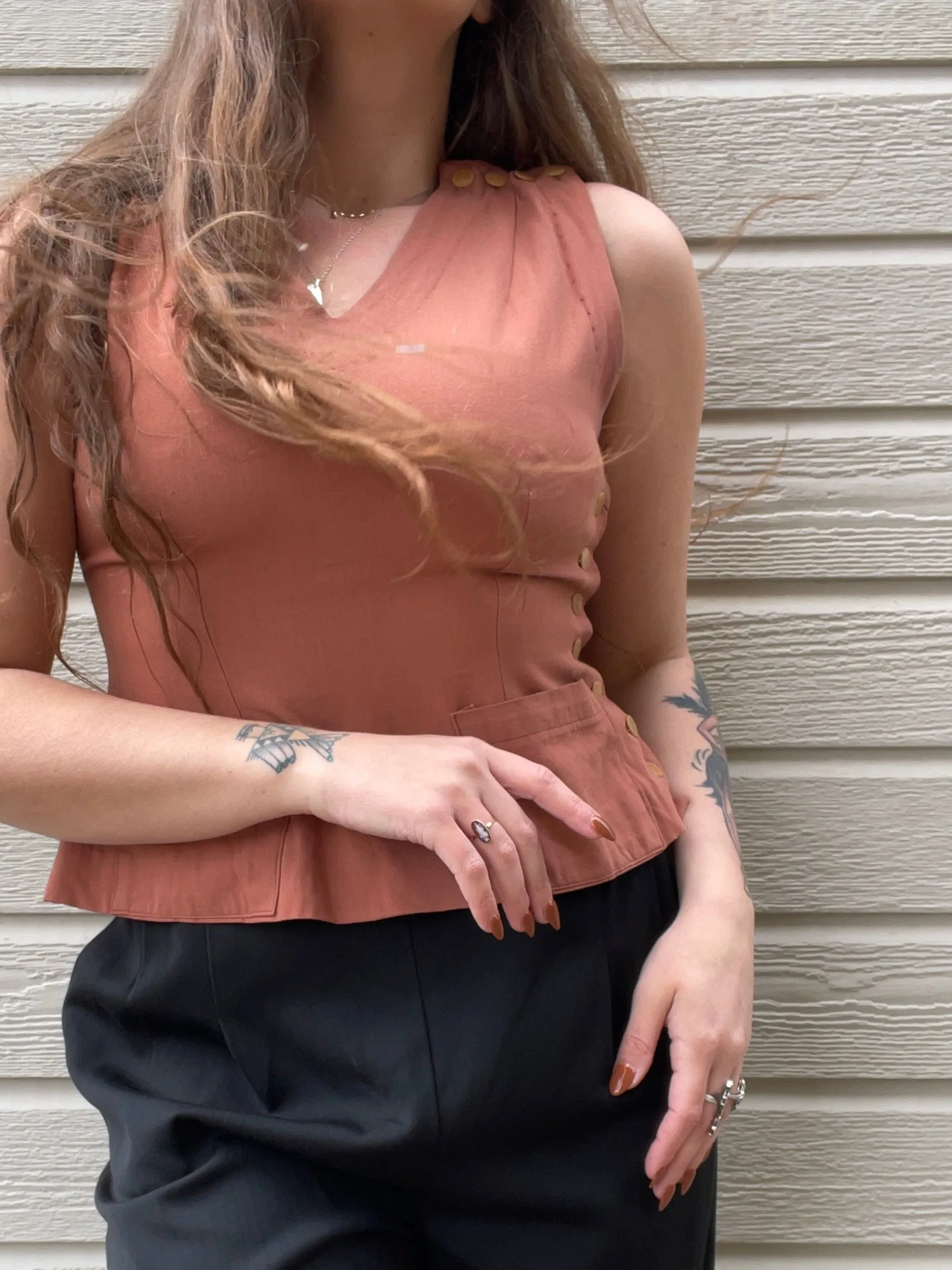 1940s Terracotta Gabardine Side Button Vest Blouse W* Pockets
