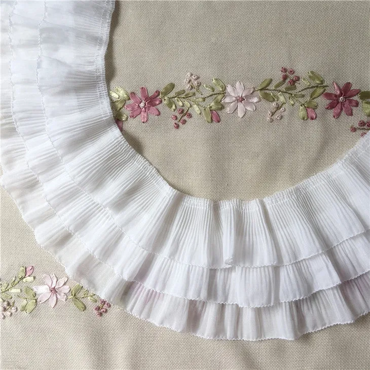2 Yards 12cm Width 3-Layer Tiered Ruffle Pleated Chiffon Lace Fabric