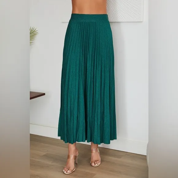 (7000-GLD) ELASTIC WAISTBAND SHIMMER MAXI PLEATED SKIRT