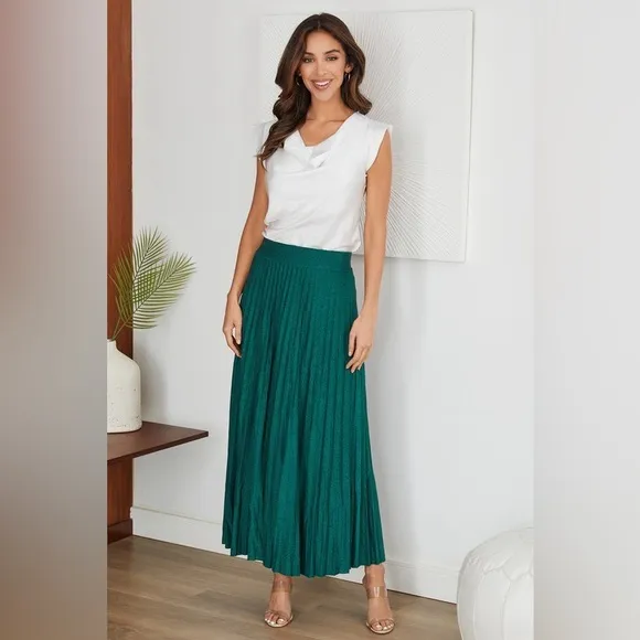 (7000-GLD) ELASTIC WAISTBAND SHIMMER MAXI PLEATED SKIRT