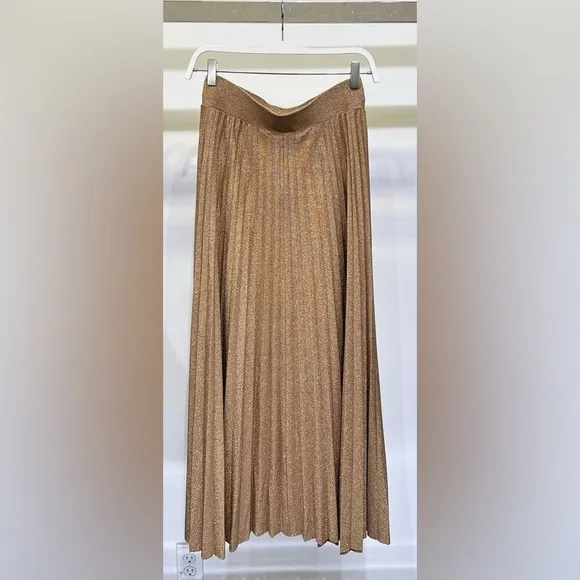 (7000-GLD) ELASTIC WAISTBAND SHIMMER MAXI PLEATED SKIRT