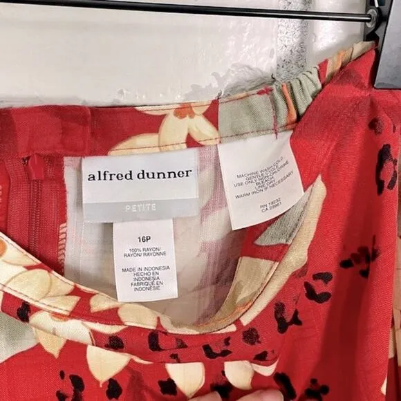 Alfred Dunner Floral Cheetah Print Red Cream Pleated Waist Midi Skirt Petite
