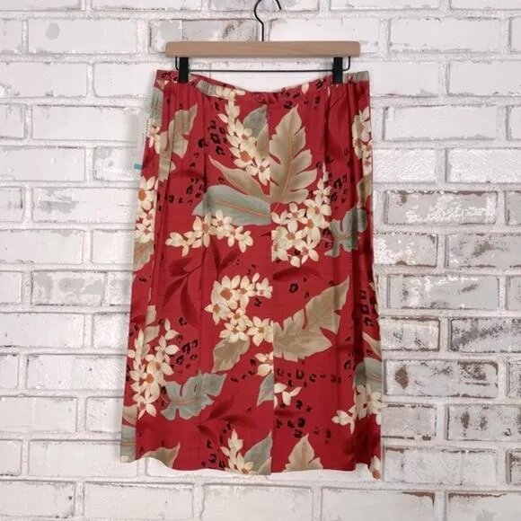 Alfred Dunner Floral Cheetah Print Red Cream Pleated Waist Midi Skirt Petite