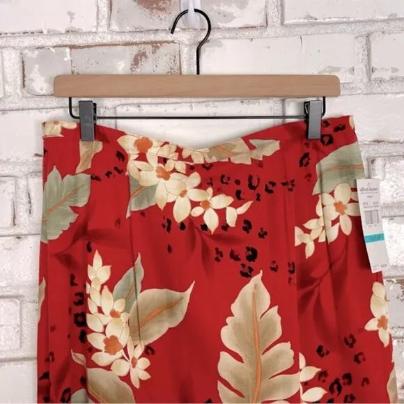 Alfred Dunner Floral Cheetah Print Red Cream Pleated Waist Midi Skirt Petite