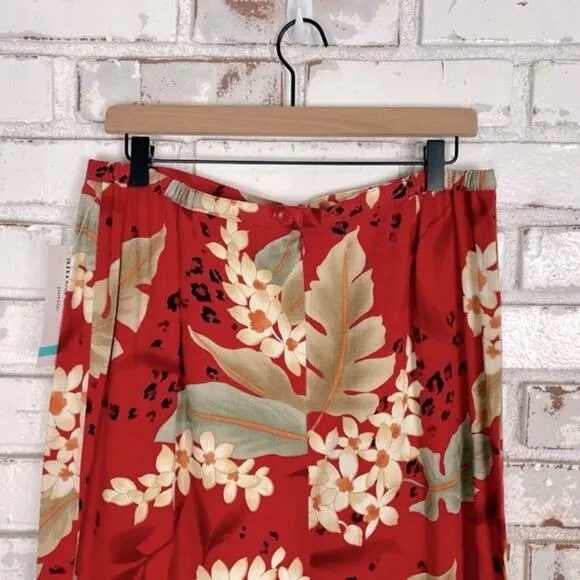 Alfred Dunner Floral Cheetah Print Red Cream Pleated Waist Midi Skirt Petite
