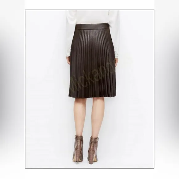 Ann Taylor Faux Leather Brown Pleated Skirt