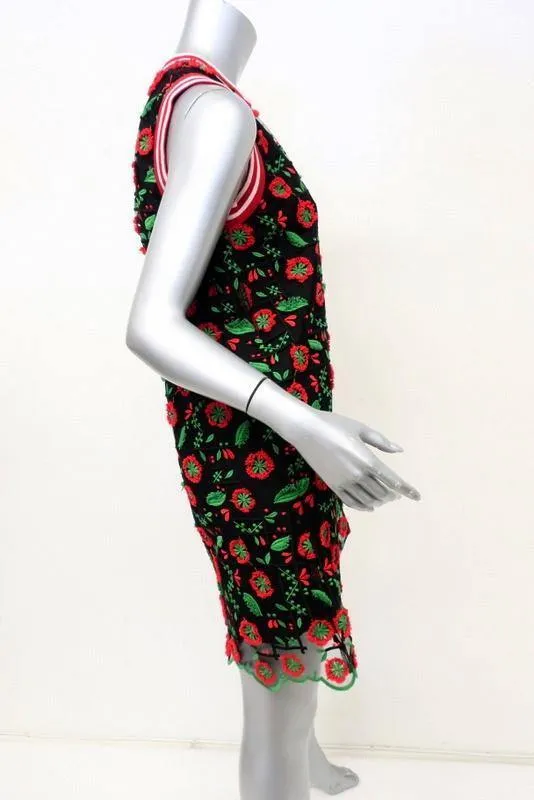 Anna Sui Dress Poppy Trellis Black Embroidered Mesh Size 4 Sleeveless Mini Shift