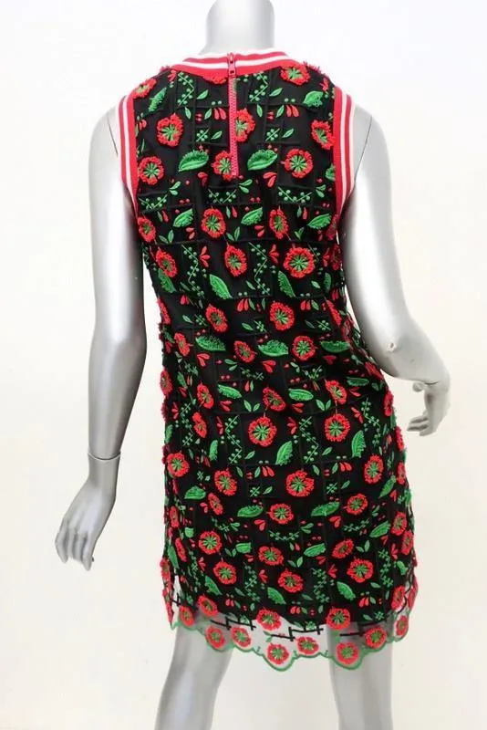 Anna Sui Dress Poppy Trellis Black Embroidered Mesh Size 4 Sleeveless Mini Shift