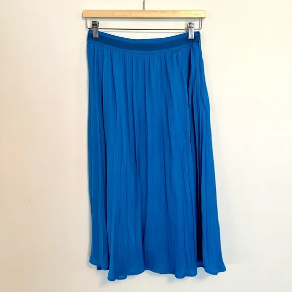 Anthropologie Bright Blue Pleated Zip A-Line Midi Skirt 2 Petite
