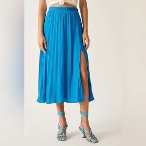 Anthropologie Bright Blue Pleated Zip A-Line Midi Skirt 2 Petite