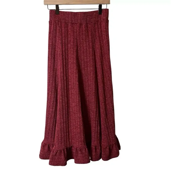 Anthropologie Cranberry Ribbed‎ Ruffle Hem Pull On Stretch Midi Skirt Small Knit