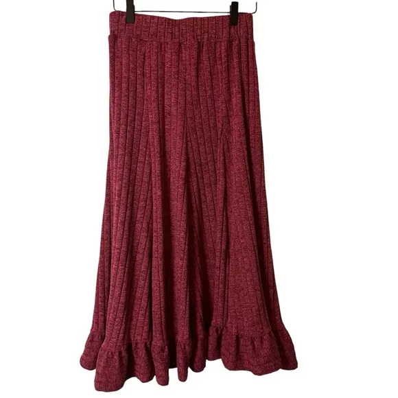 Anthropologie Cranberry Ribbed‎ Ruffle Hem Pull On Stretch Midi Skirt Small Knit
