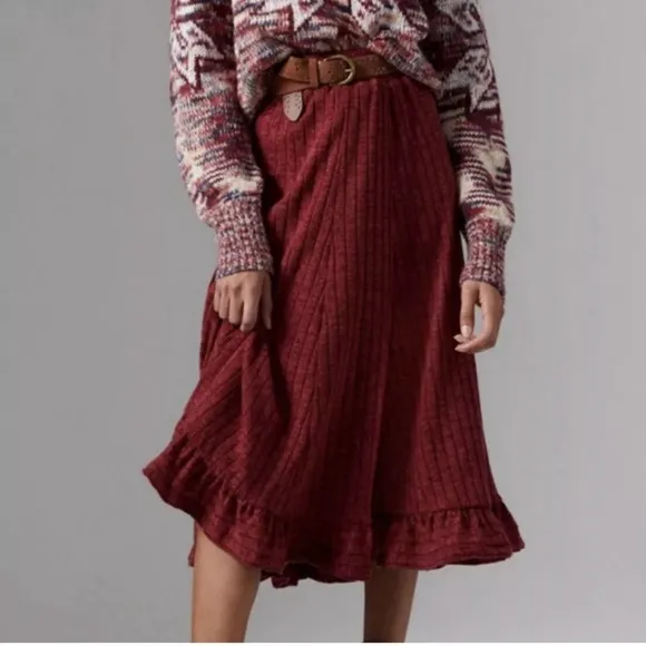 Anthropologie Cranberry Ribbed‎ Ruffle Hem Pull On Stretch Midi Skirt Small Knit