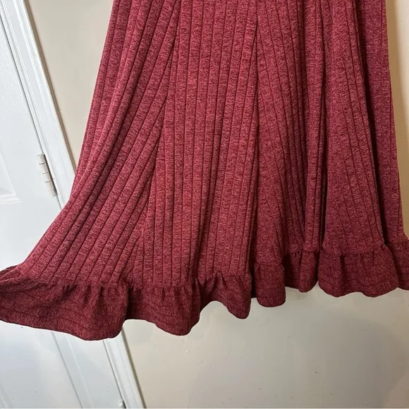 Anthropologie Cranberry Ribbed‎ Ruffle Hem Pull On Stretch Midi Skirt Small Knit