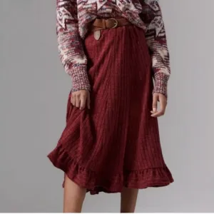 Anthropologie Cranberry Ribbed‎ Ruffle Hem Pull On Stretch Midi Skirt Small Knit