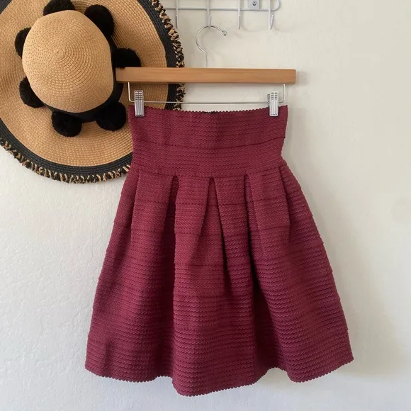 Anthropologie Girls From Savoy Maroon Textured Pleated Mini Skirt