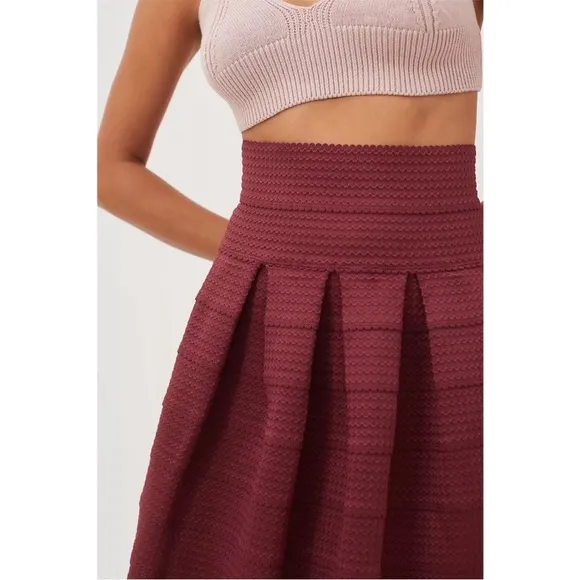 Anthropologie Girls From Savoy Maroon Textured Pleated Mini Skirt