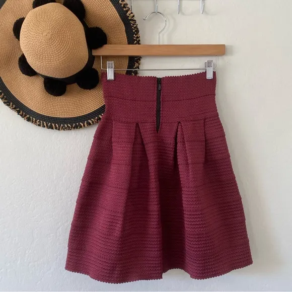 Anthropologie Girls From Savoy Maroon Textured Pleated Mini Skirt