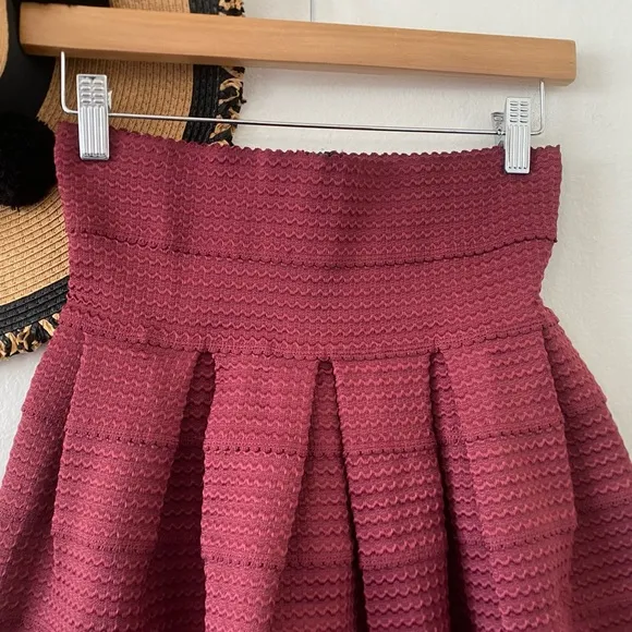 Anthropologie Girls From Savoy Maroon Textured Pleated Mini Skirt