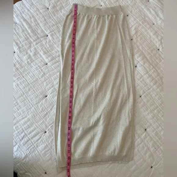 ANTHROPOLOGIE Knit Metallic Pull On Side Slit Midi Skirt Cream/Gold Size S NWT