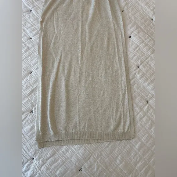 ANTHROPOLOGIE Knit Metallic Pull On Side Slit Midi Skirt Cream/Gold Size S NWT
