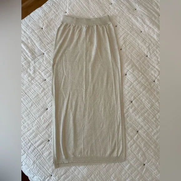 ANTHROPOLOGIE Knit Metallic Pull On Side Slit Midi Skirt Cream/Gold Size S NWT