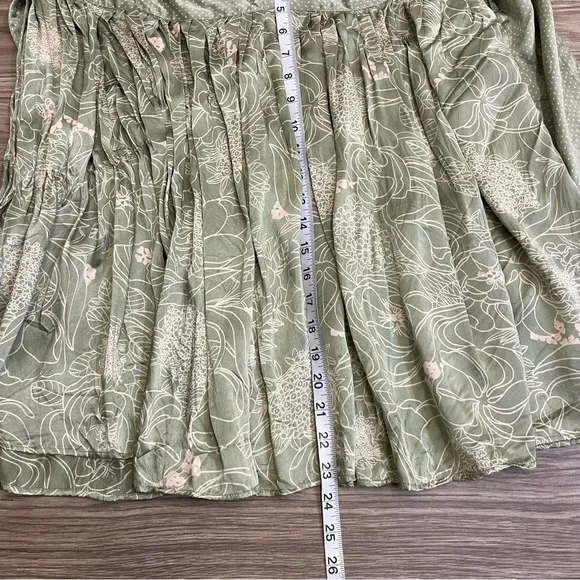 April May 100% Silk Green Floral &amp; Polka Dot Belted Knee Length Skirt