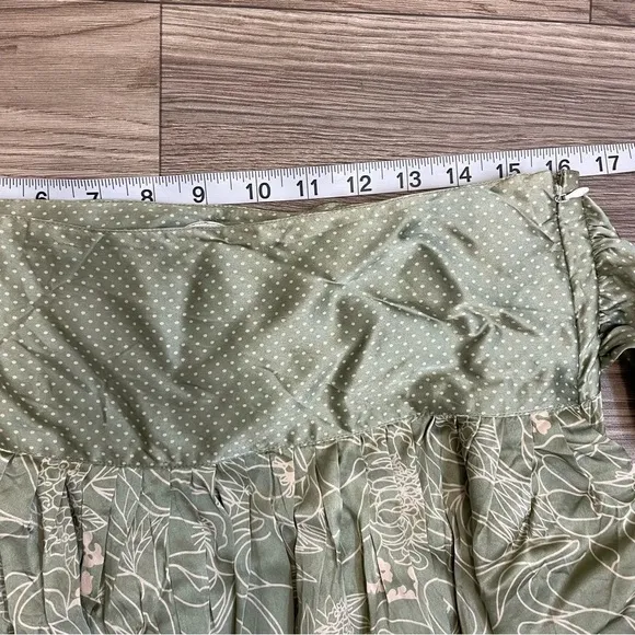 April May 100% Silk Green Floral &amp; Polka Dot Belted Knee Length Skirt