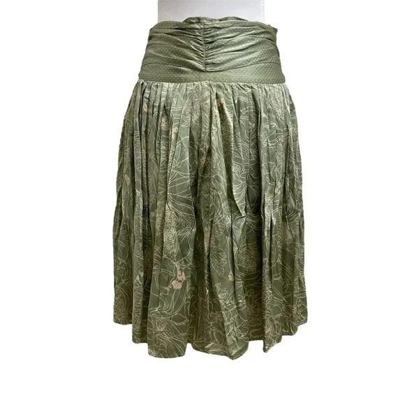 April May 100% Silk Green Floral &amp; Polka Dot Belted Knee Length Skirt