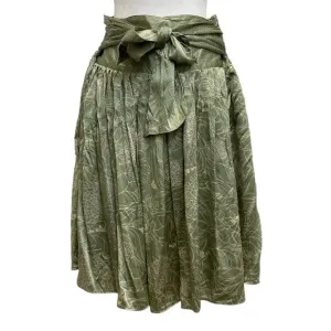 April May 100% Silk Green Floral &amp; Polka Dot Belted Knee Length Skirt