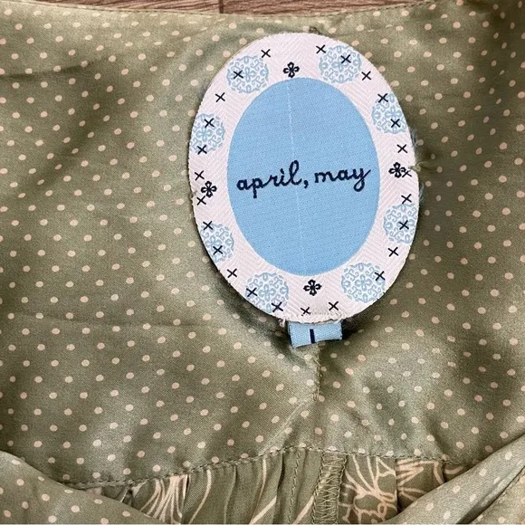 April May 100% Silk Green Floral &amp; Polka Dot Belted Knee Length Skirt