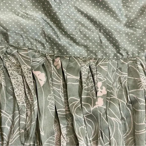 April May 100% Silk Green Floral &amp; Polka Dot Belted Knee Length Skirt