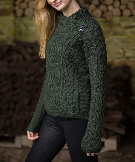Aran Cable Knit Side Zip Short Coat Sweater Army Green