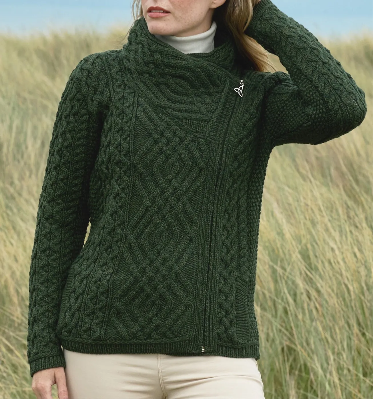 Aran Cable Knit Side Zip Short Coat Sweater Army Green