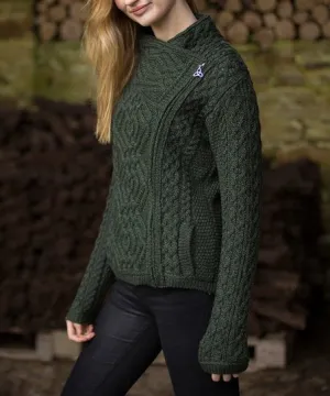 Aran Cable Knit Side Zip Short Coat Sweater Army Green