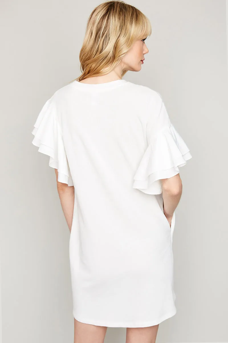 Asymmetric Shoulder Ruffled Shift Dress