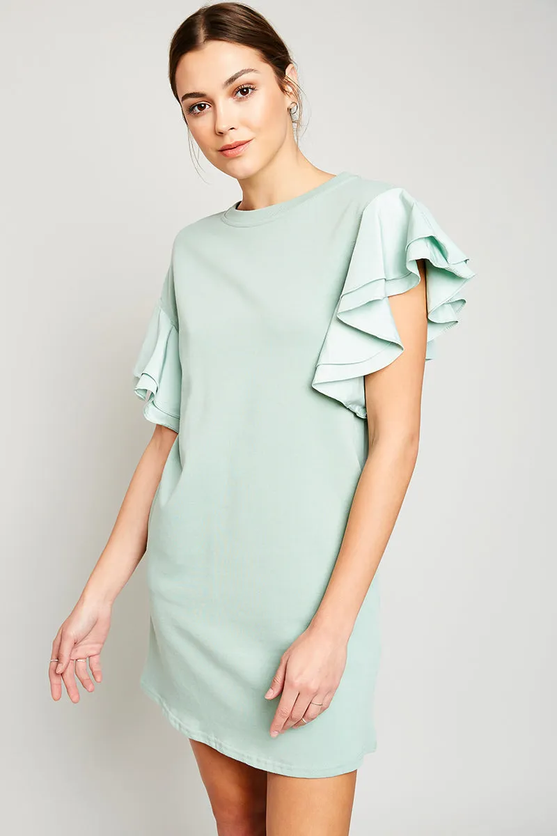 Asymmetric Shoulder Ruffled Shift Dress