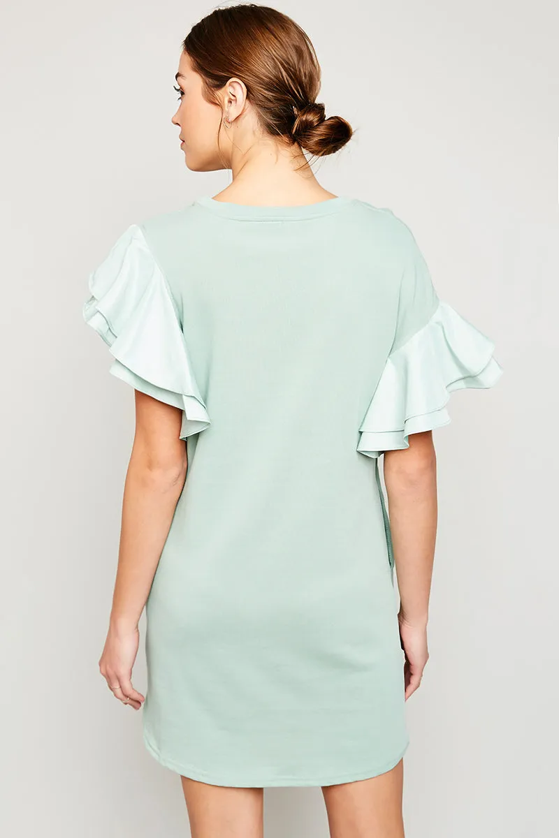Asymmetric Shoulder Ruffled Shift Dress
