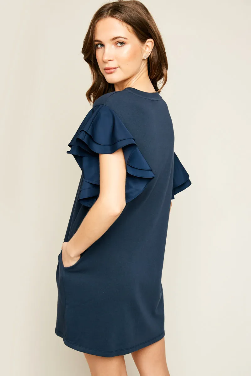 Asymmetric Shoulder Ruffled Shift Dress