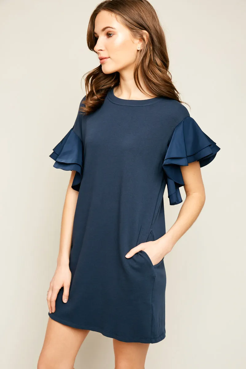 Asymmetric Shoulder Ruffled Shift Dress