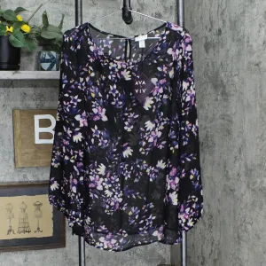 Ava & Viv Floral-Print Long-Sleeve Chiffon Blouse 00551114 Black Floral 2X
