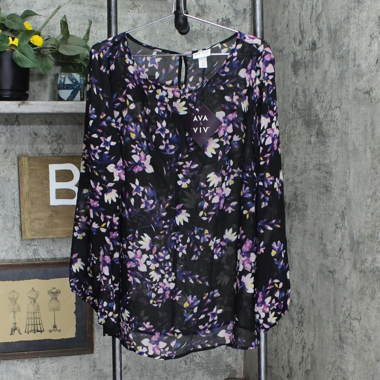 Ava & Viv Floral-Print Long-Sleeve Chiffon Blouse 00551114 Black Floral 2X