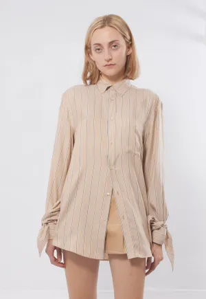 Balenciaga Beige/Blue Stripe Silk Button Down Blouse - 32
