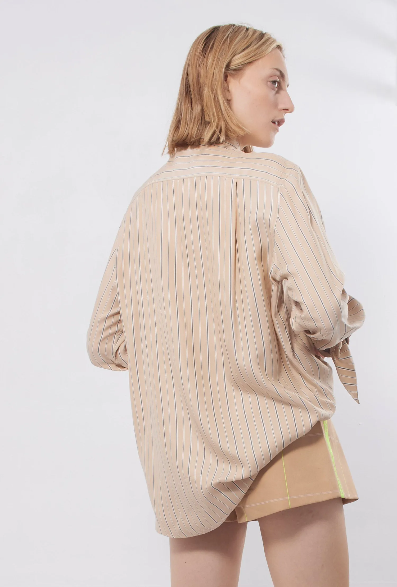 Balenciaga Beige/Blue Stripe Silk Button Down Blouse - 32