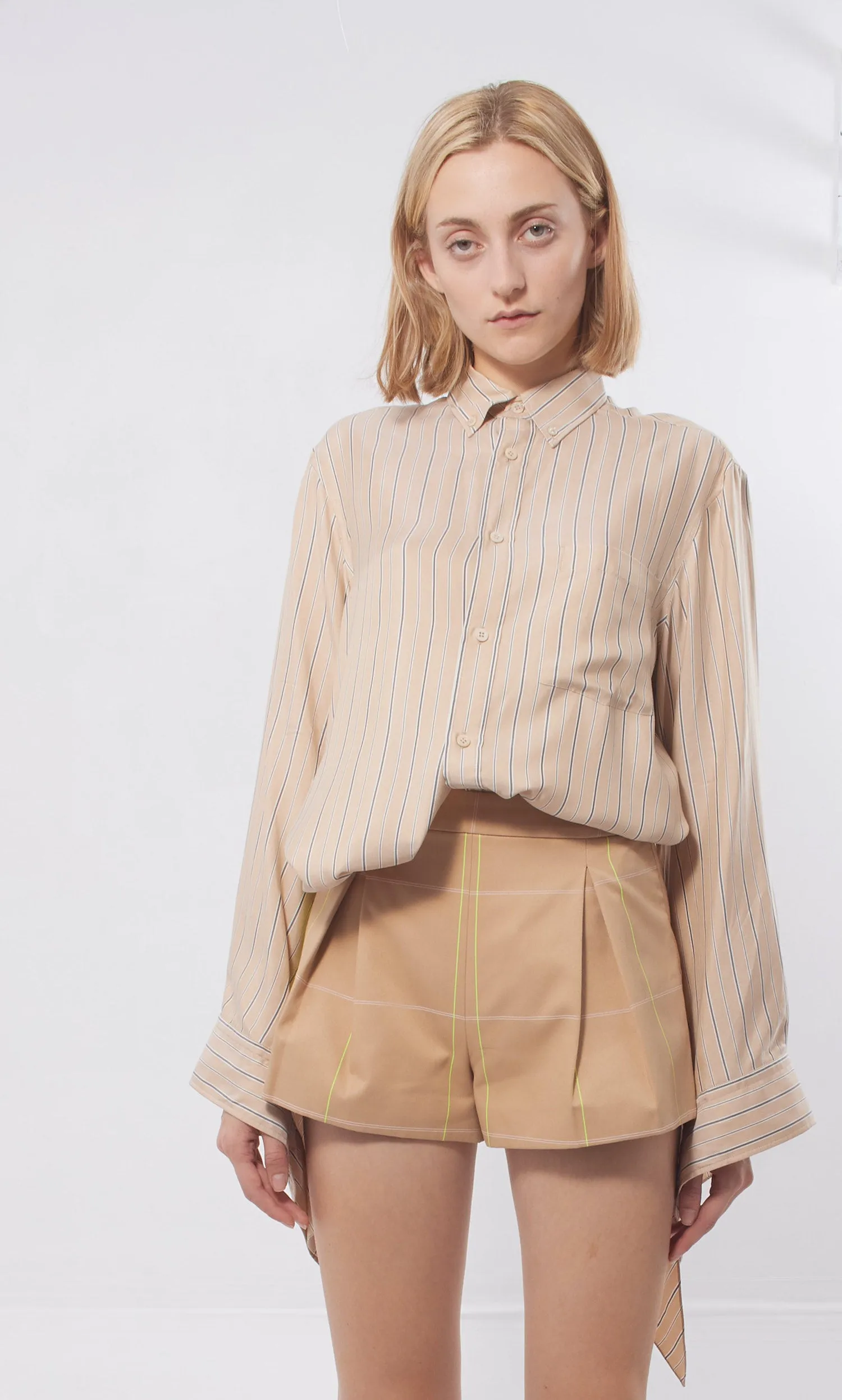 Balenciaga Beige/Blue Stripe Silk Button Down Blouse - 32