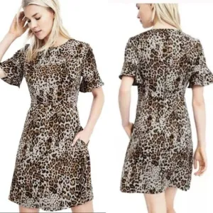 Banana Republic Brown Black Leopard Animal Print Flutter SLeeve Shift Dress