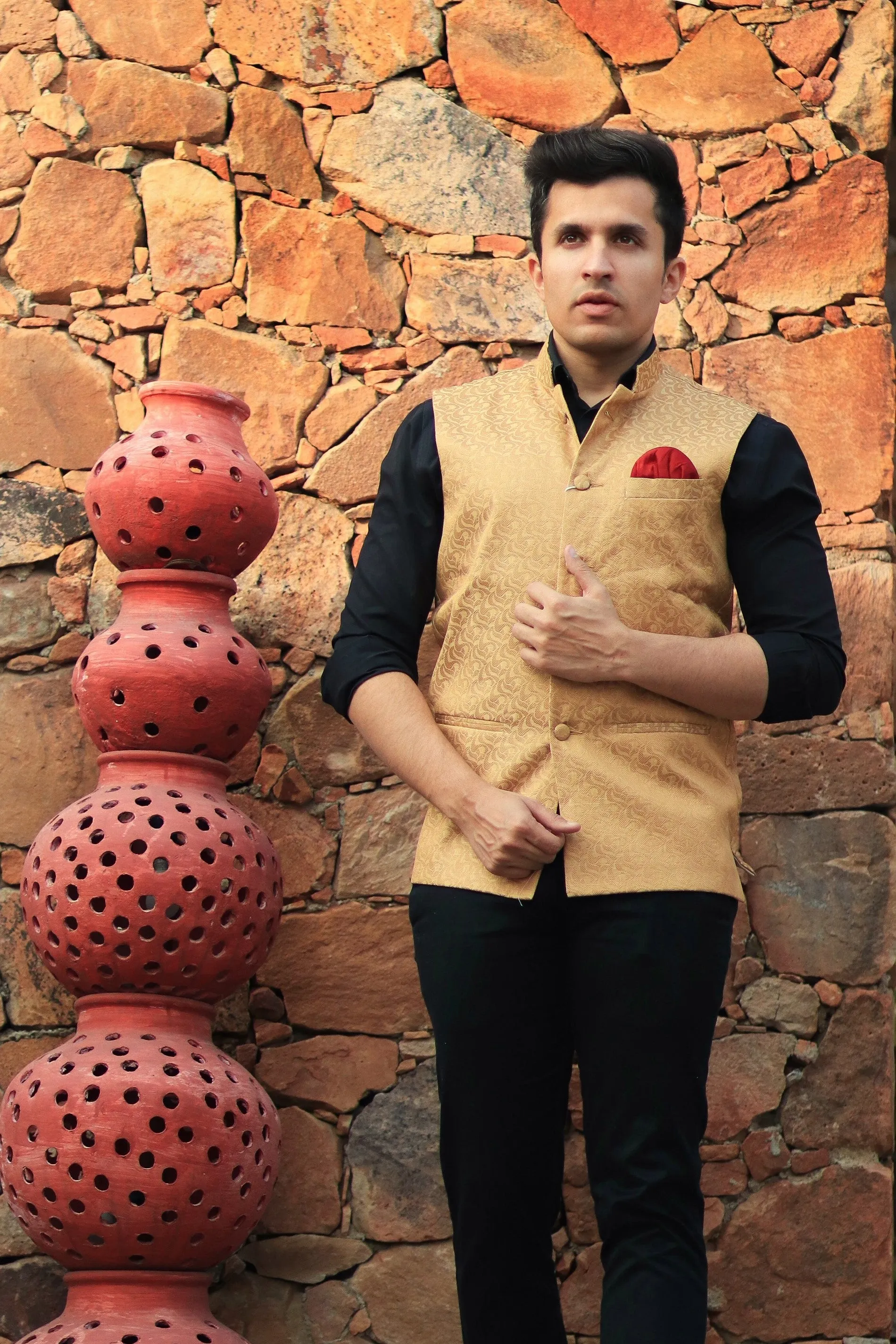 Banarasi Art Silk Cotton Blend Brown Modi Nehru Jacket