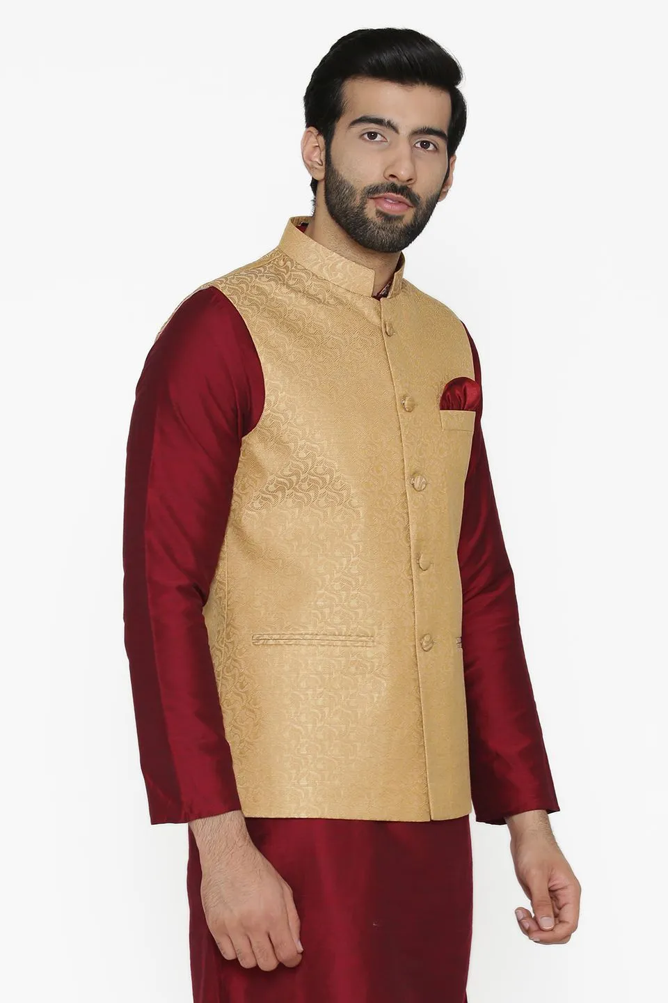 Banarasi Art Silk Cotton Blend Brown Modi Nehru Jacket